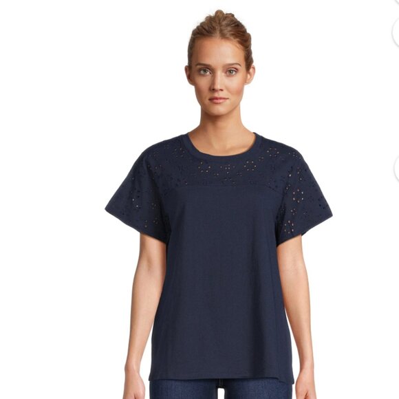 Time and Tru Women's Mixed Media Eyelet Combo Crew Neck Top - Picture 1 of 16